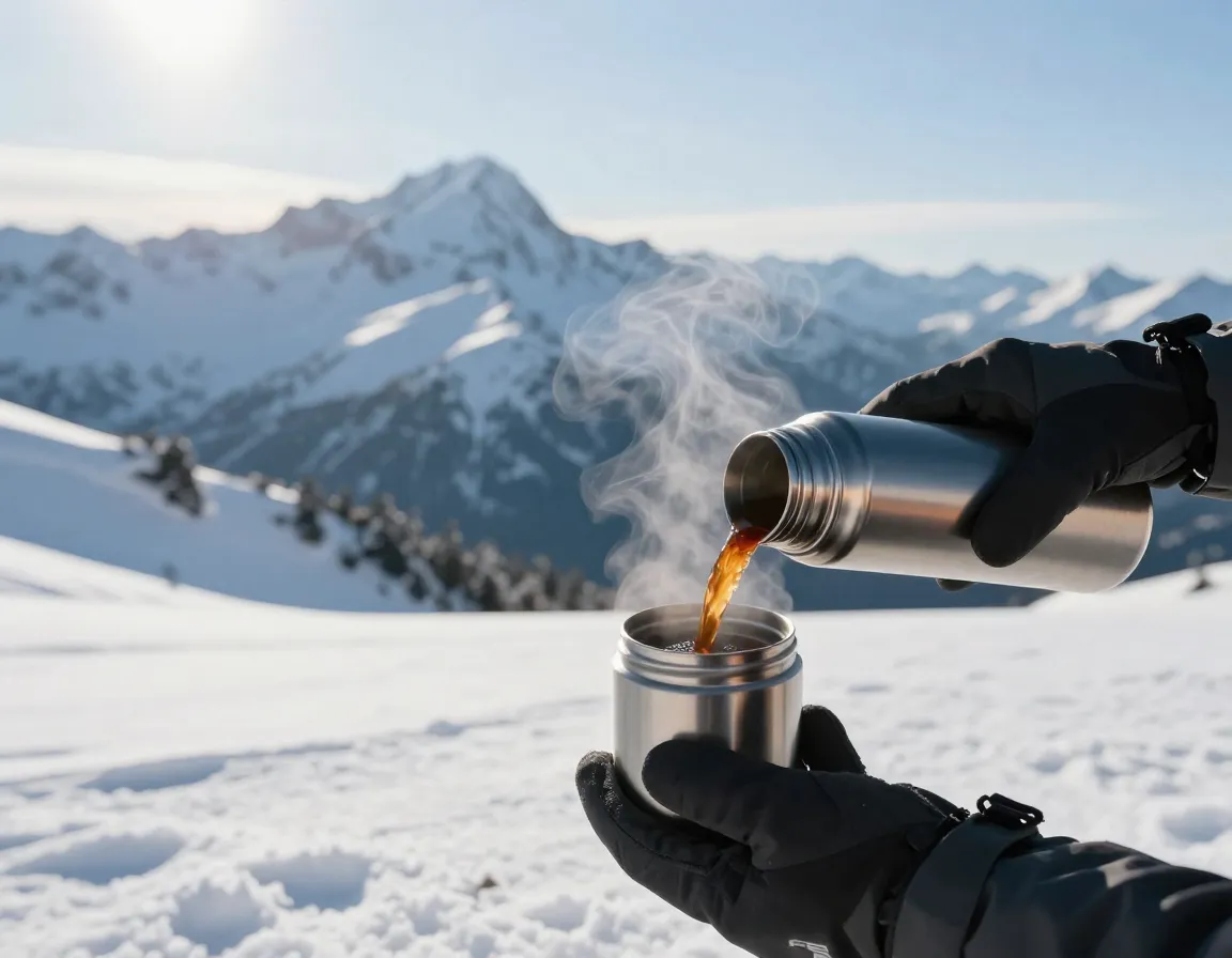 An insulated thermos pouring hot coffee at a snowy mountain summit