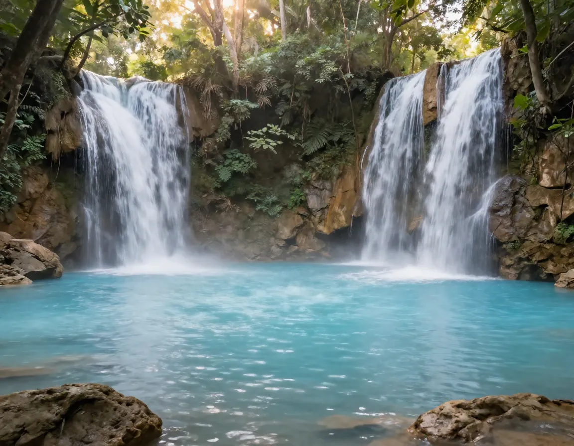 Chorreras twin waterfalls feeding into milky blue mineral pool