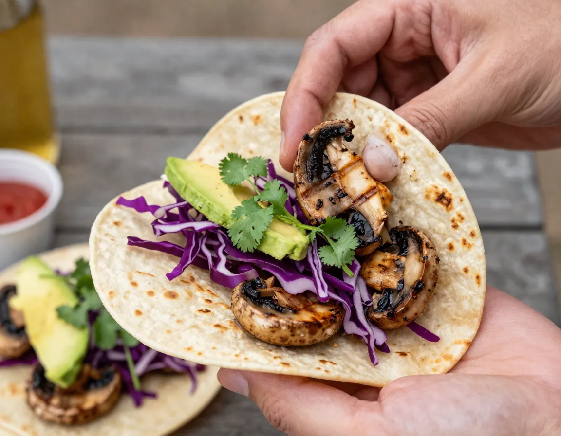 Grilled portobello mushroom slices loaded into warm corn tortilla
