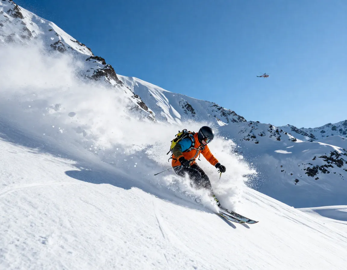 Heli skier descending a steep untracked chugach powder slope