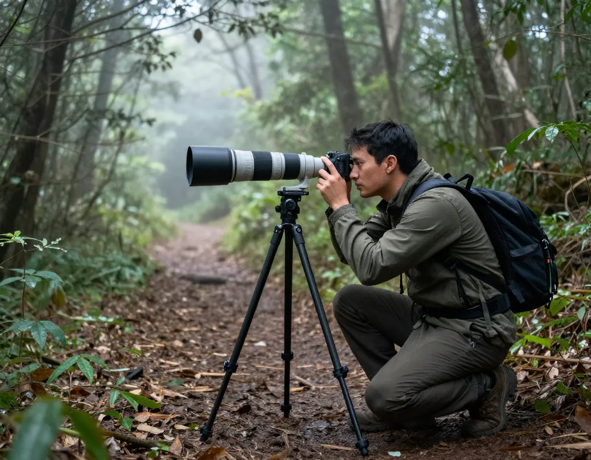 Photographer using a long telephoto lens on a forest trail