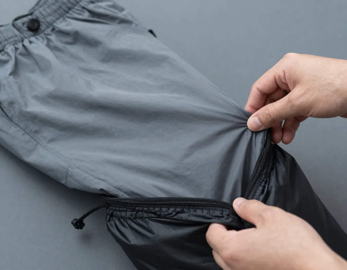 Ultralight synthetic insulated pants packed small stuff sack