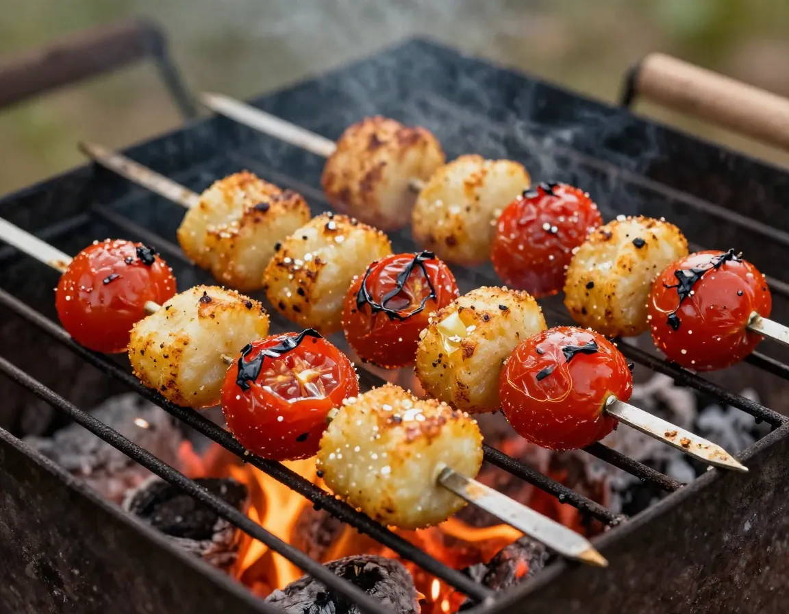 Gnocchi cherry tomato kebabs grilling metal skewers over fire