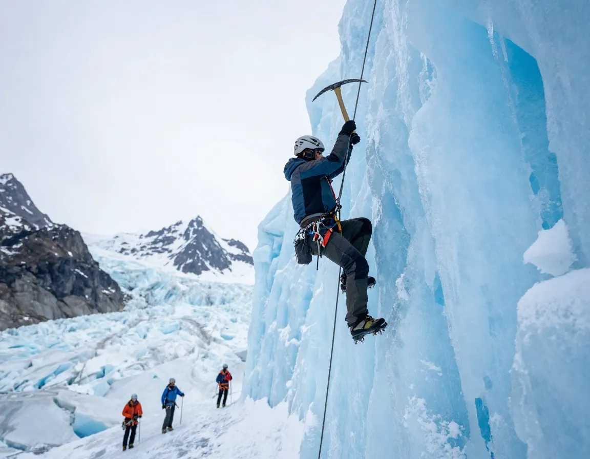 Ice climber ascending a blue ice serac on matanuska glacier