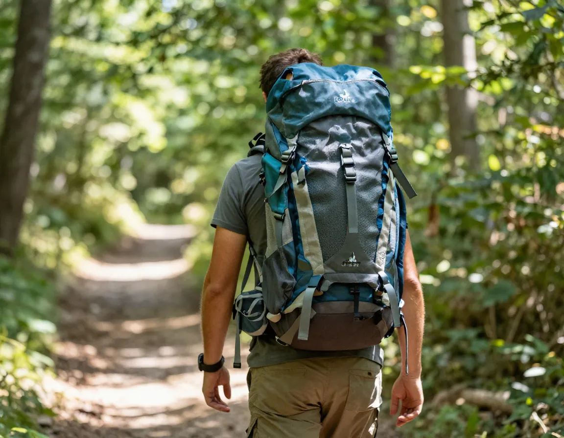A deuter ac lite daypack on a hikers back during a sunny forest hike