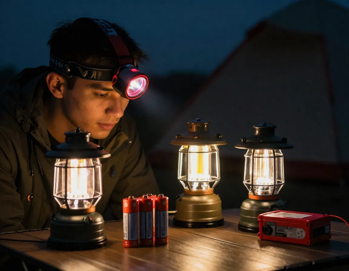 Headlamp lantern batteries night campsite light setup