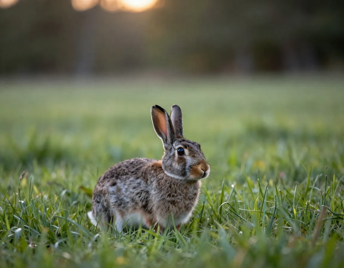 Low angle shot of a rabbit at eye level in a meadow