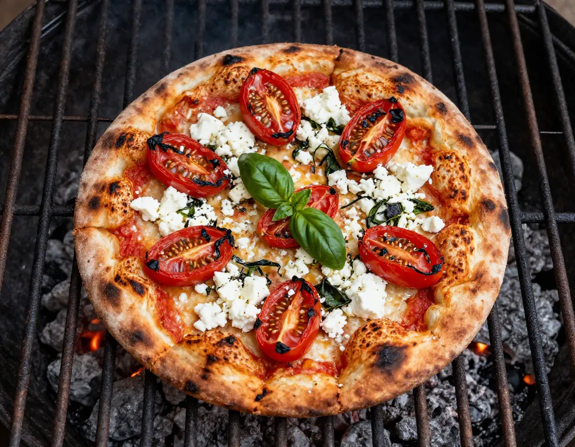 Small grilled pizza charred tomatoes crumbled feta on grate