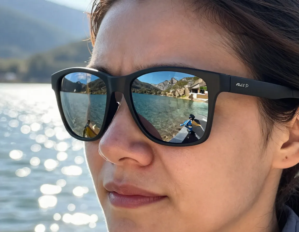 Woman wearing polarized uv protective sunglasses hiking lake glare