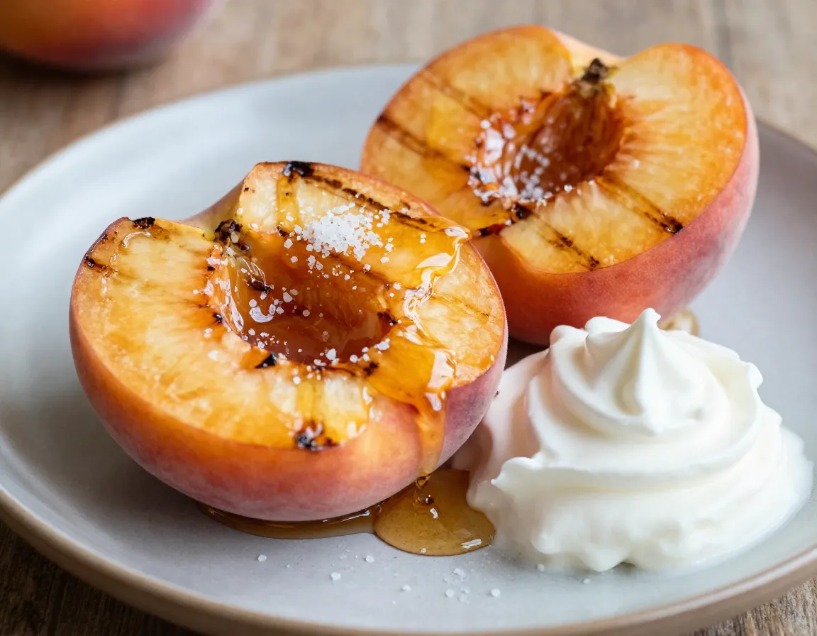 Halved grilled peach honey drizzle sea salt on plate