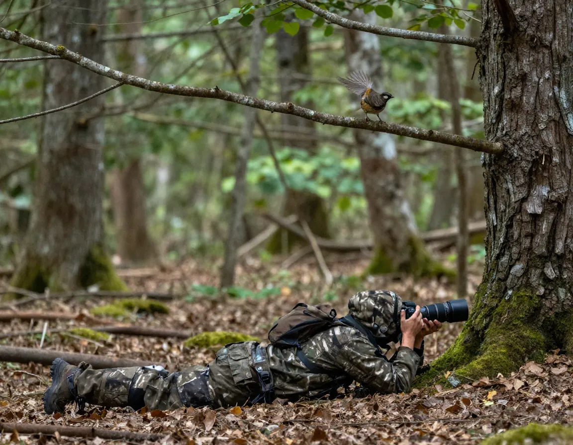Photographer lying still waiting for a bird natural behavior moment