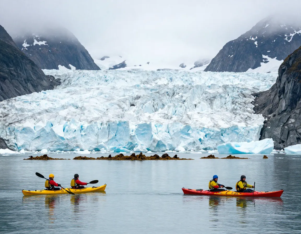 Sea kayakers paddling past calving glacier in prince william sound