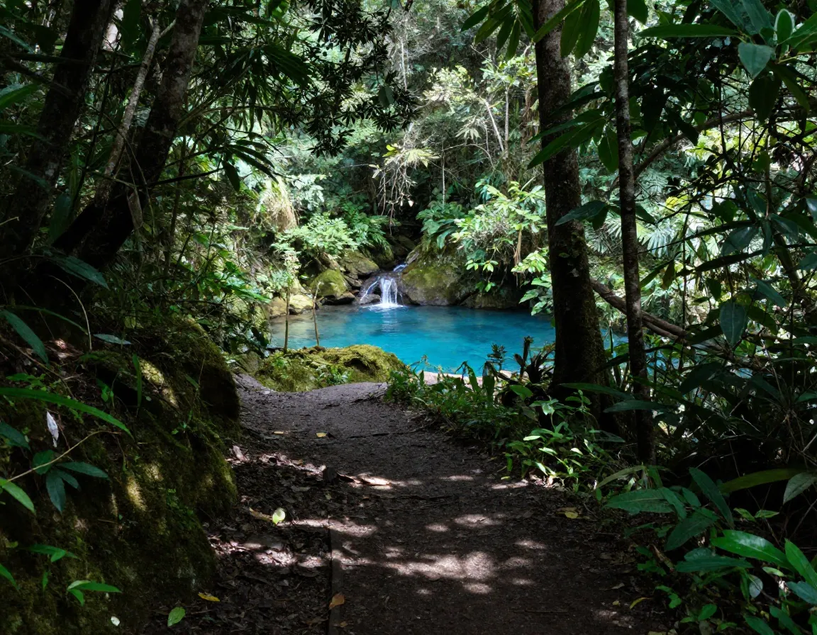 Sendero poza azul shaded forest trail leading to blue swimming hole