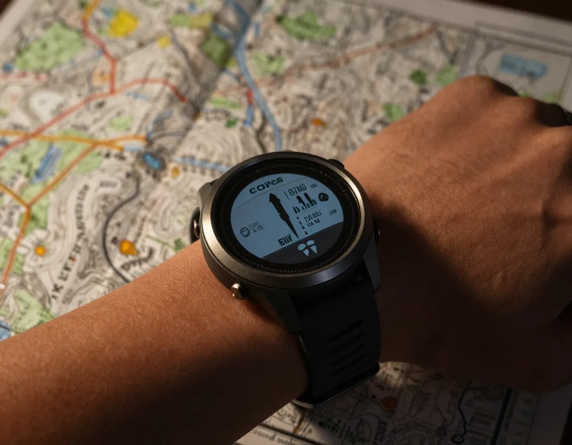 A coros apex gps watch on a wrist with a topographic map in the background