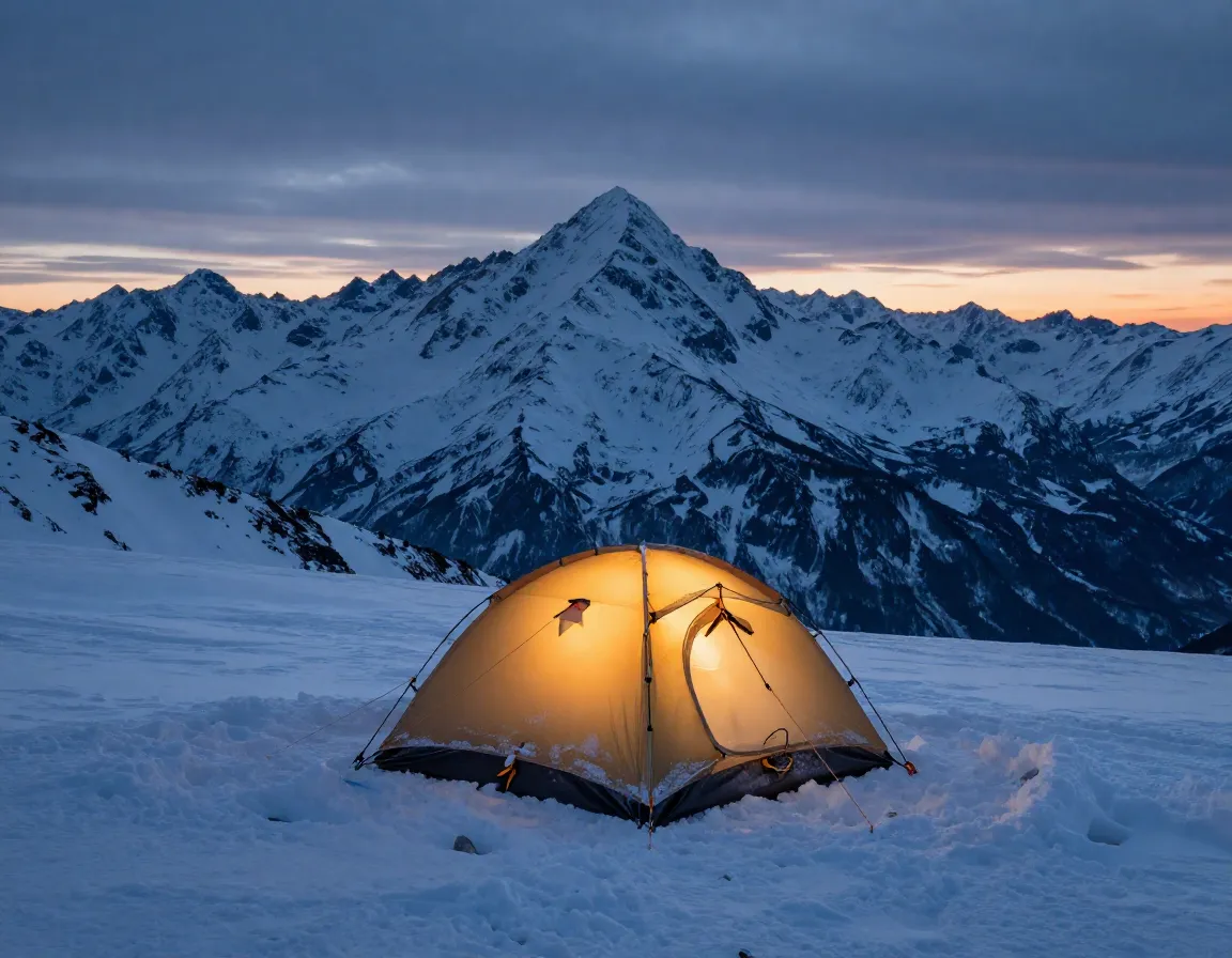Four season mountaineering tent snowy alpine environment dusk