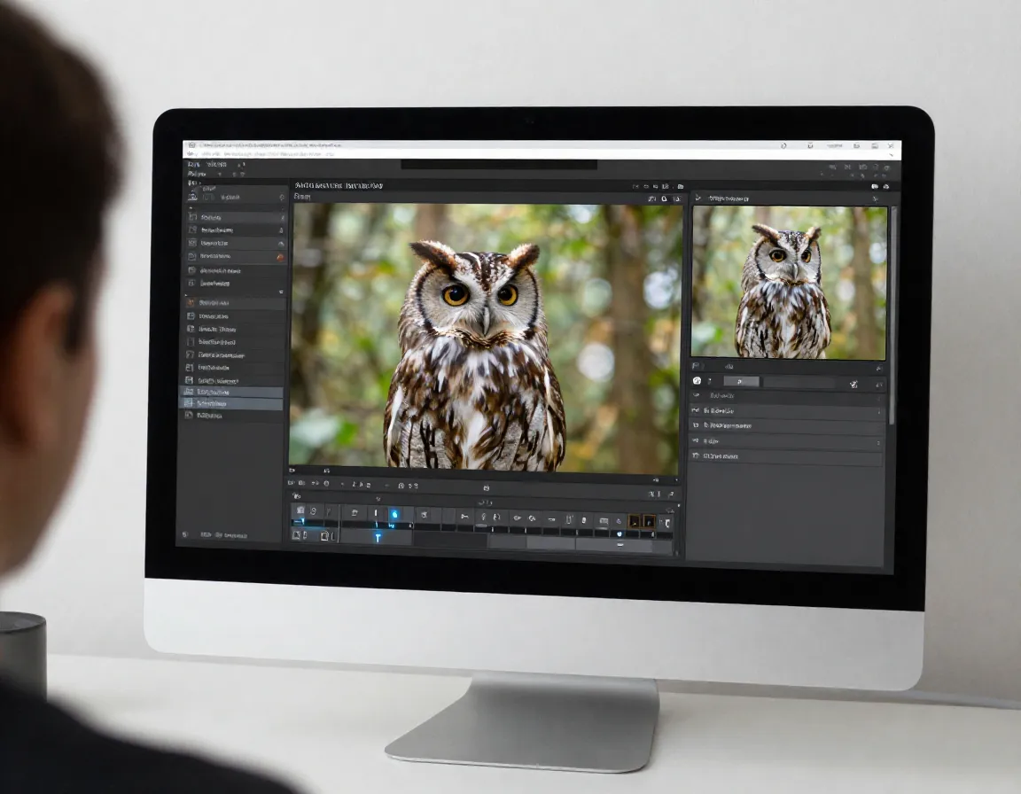 Minimalist editing of a forest owl photo on a computer screen