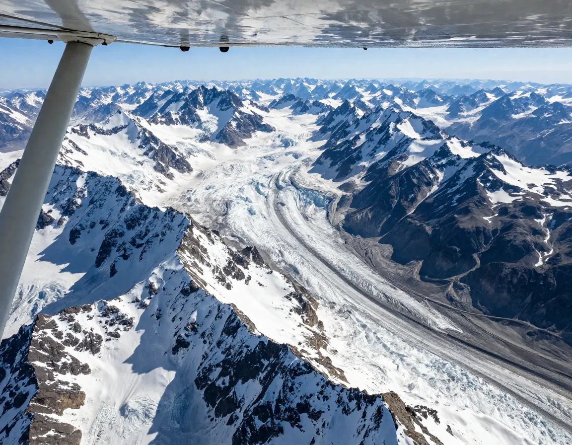 Scenic flightseeing plane flying over chugach glaciers and peaks