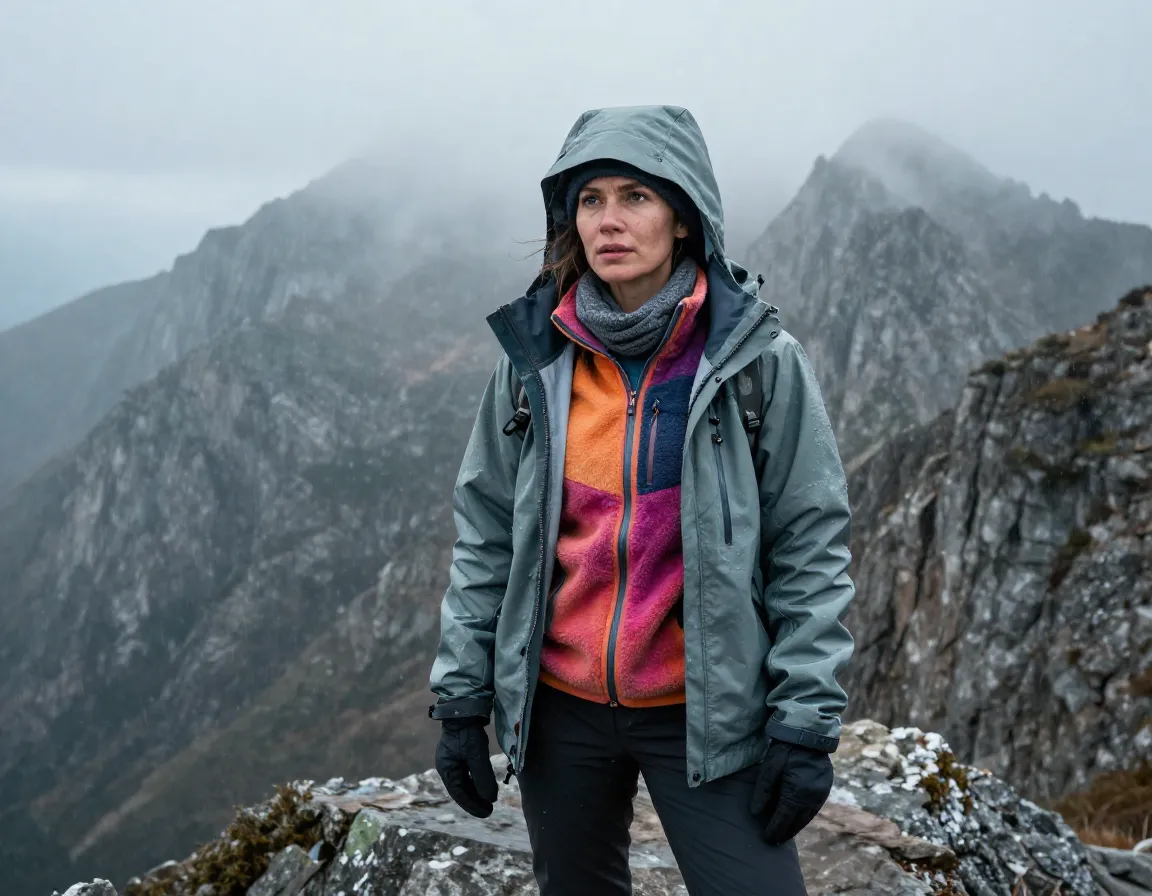 Woman wearing layered fleece jacket waterproof shell mountain summit