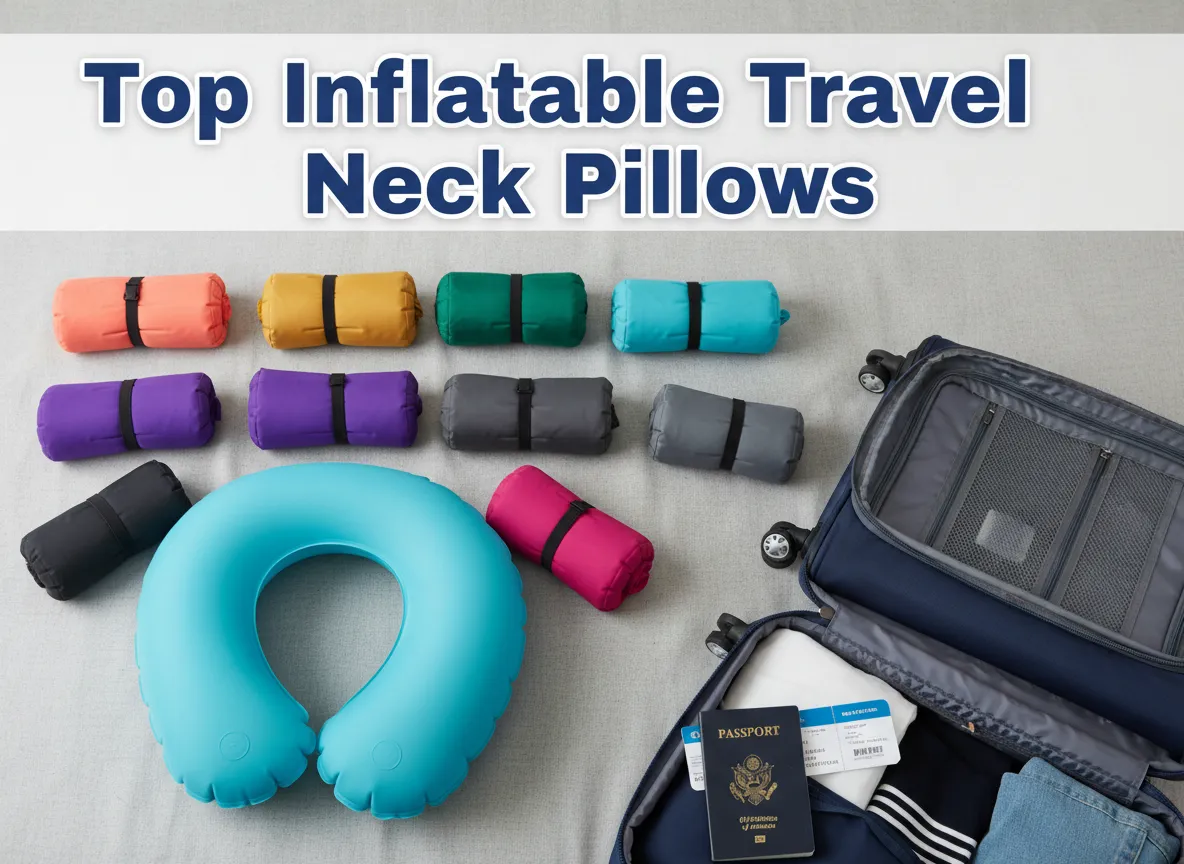 Eight inflatable neck pillows flat lay with suitcase and boarding pass