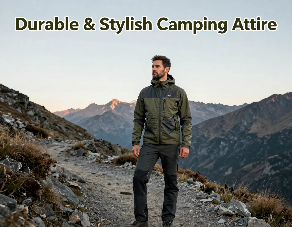 Man layered technical camping attire hiking scenic mountain trail