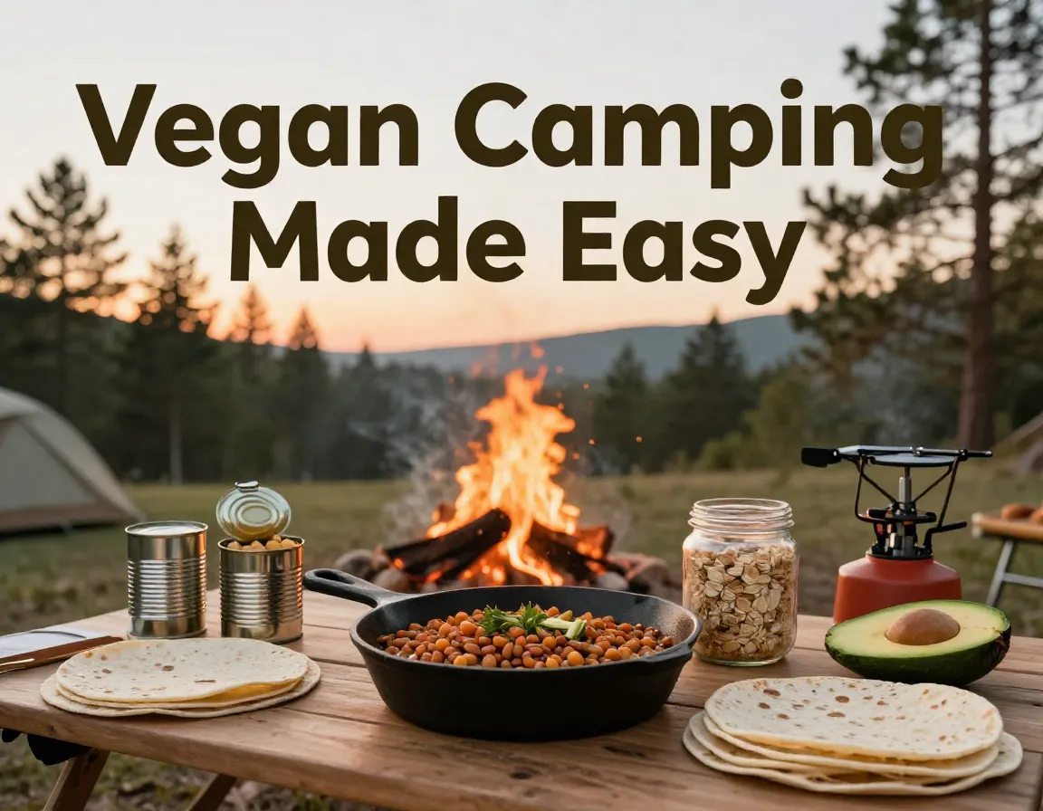 Rustic campsite feast with lentil stew oats and vegan tacos at sunset