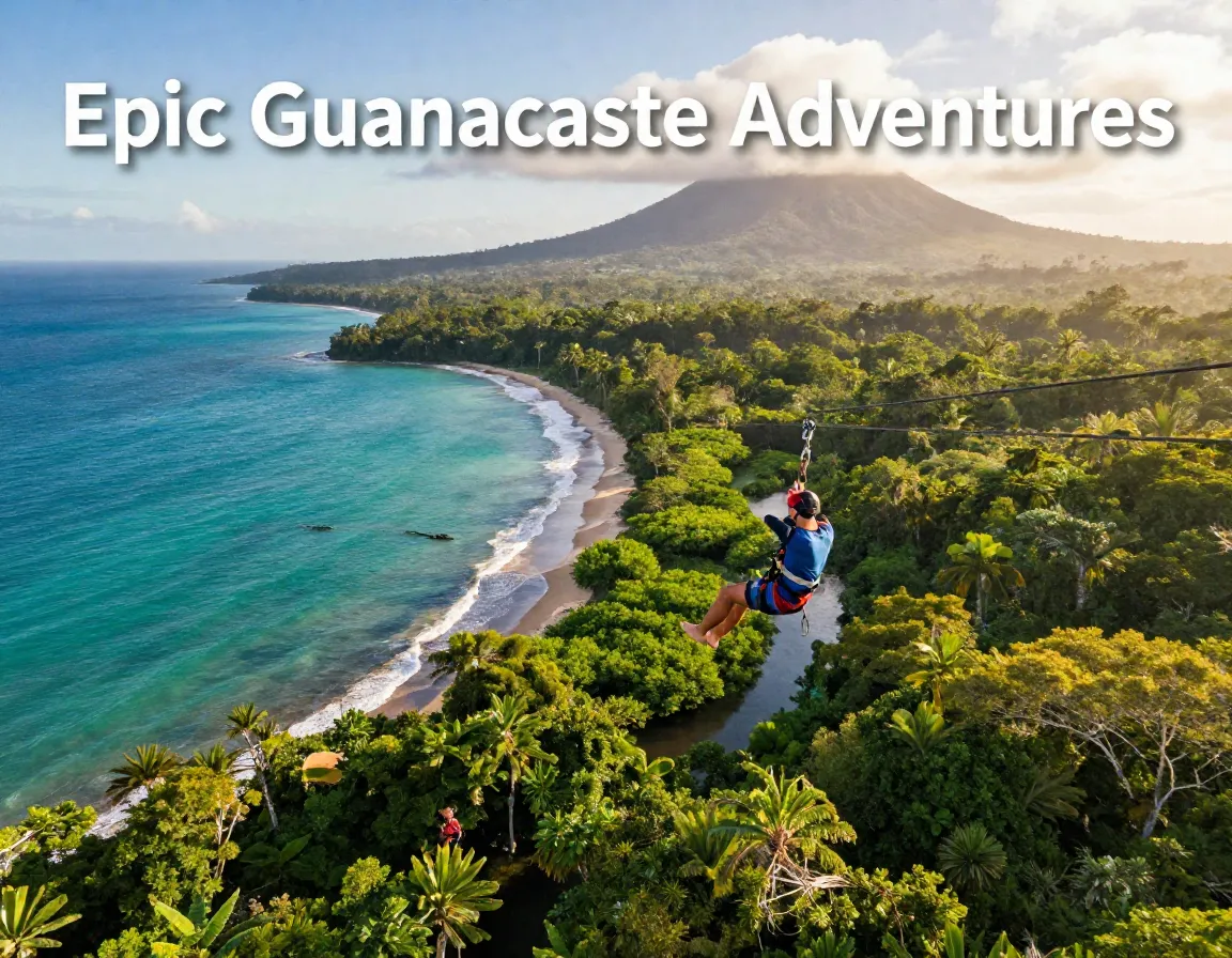 Zipline superman over jungle coast volcano crocodile river aerial