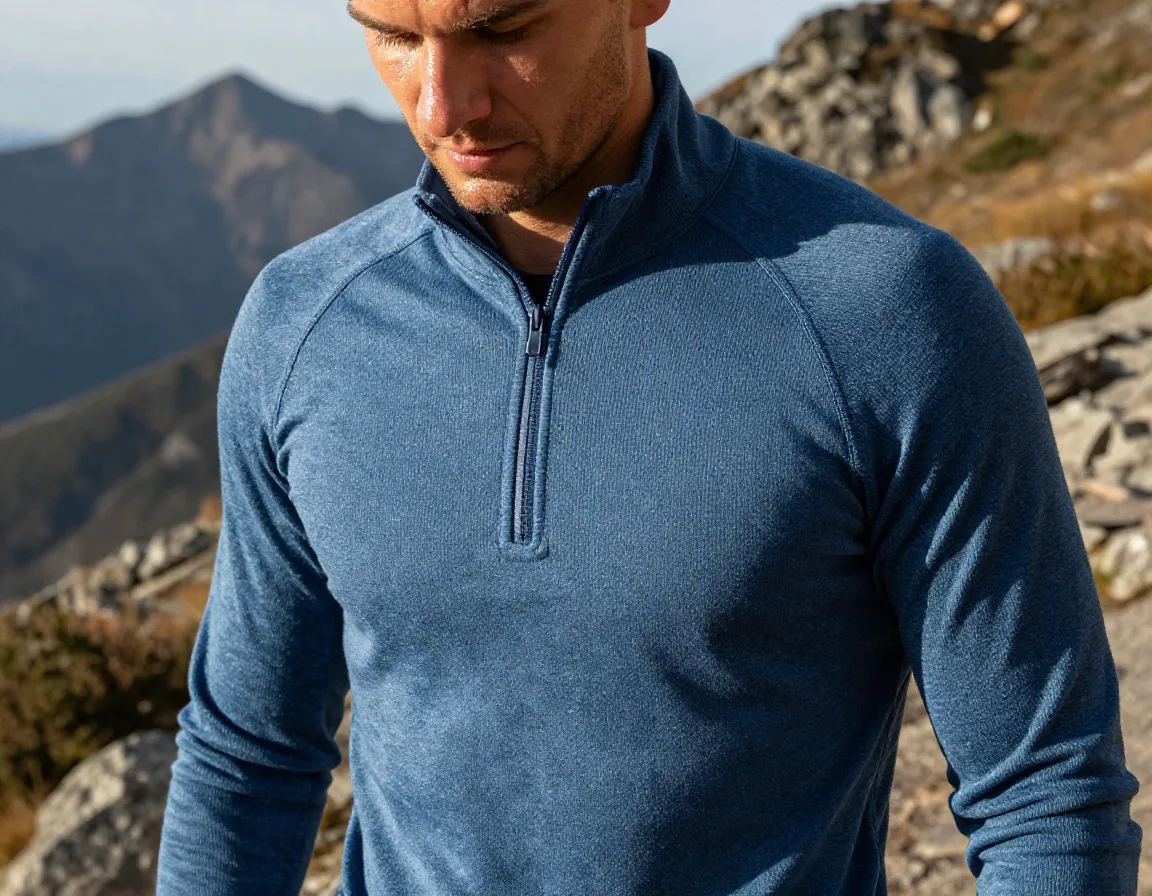 Close up hiker merino wool quarter zip base layer top mountain dawn