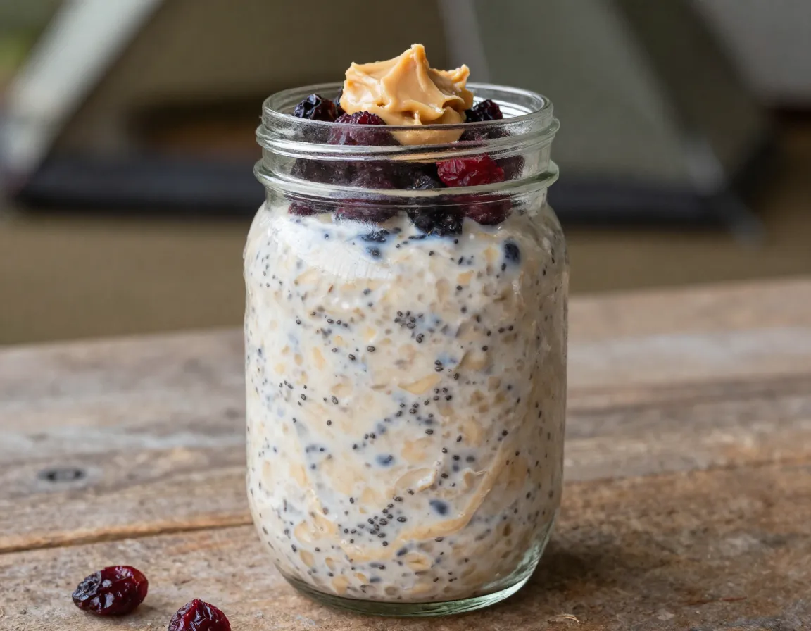 Overnight oats jar nut butter berries cold breakfast