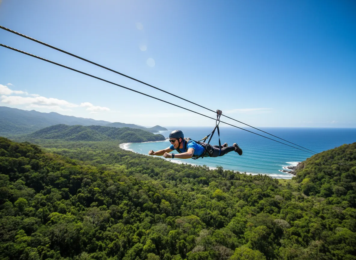 Person soaring on superman zip line over costa rica jungle and pacific ocean