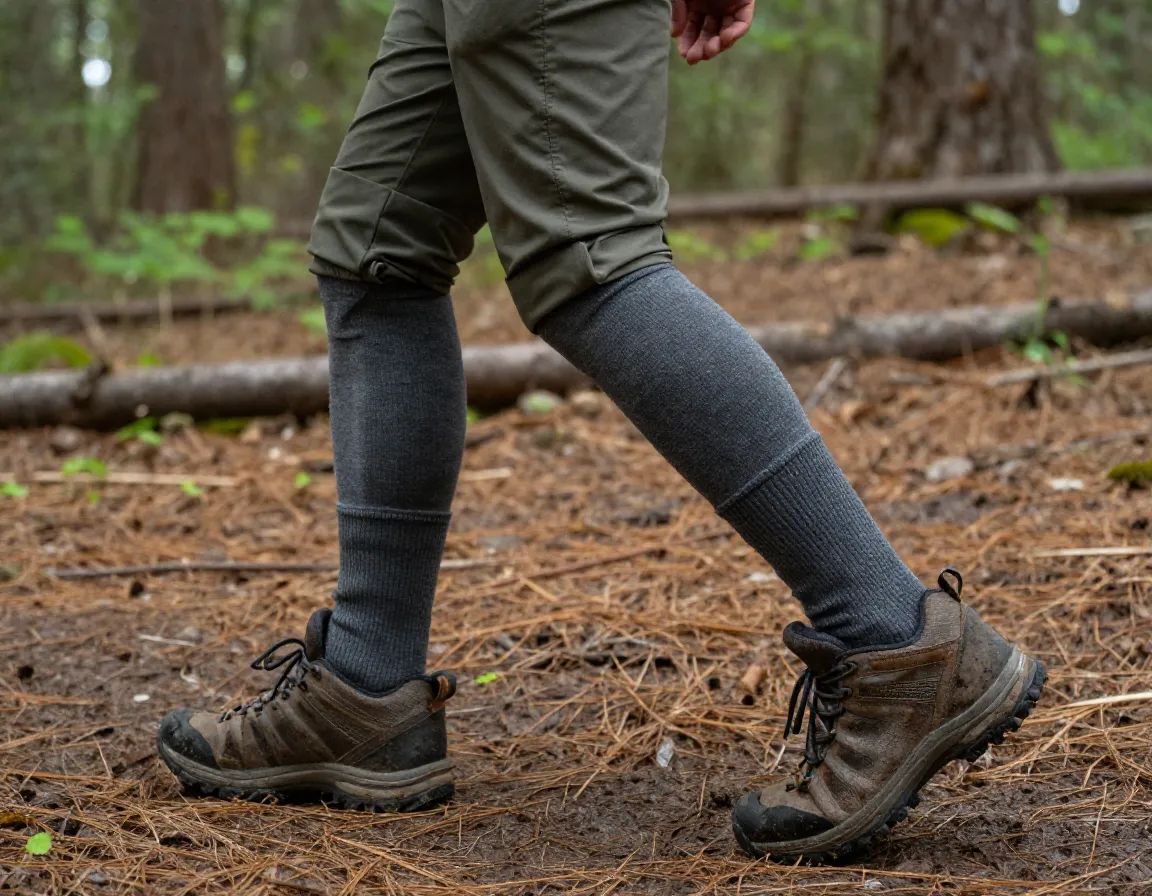 Hiker wearing merino base layer bottoms under hiking pants forest