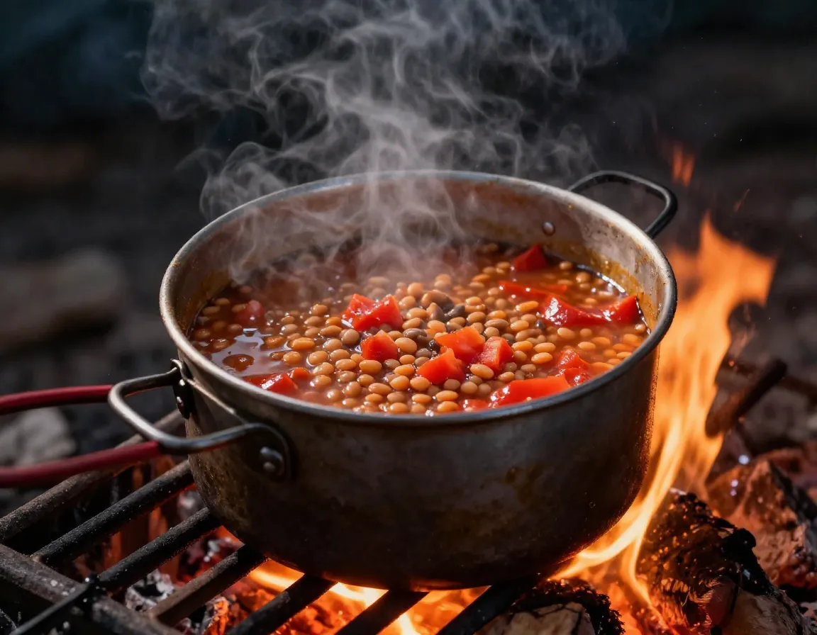 Lentil soup pot simmering over campfire night