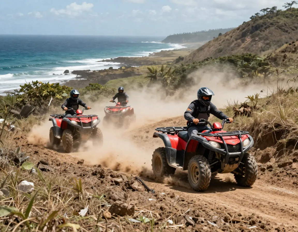 Atv riders kicking up dust on a muddy coastal hillside trail