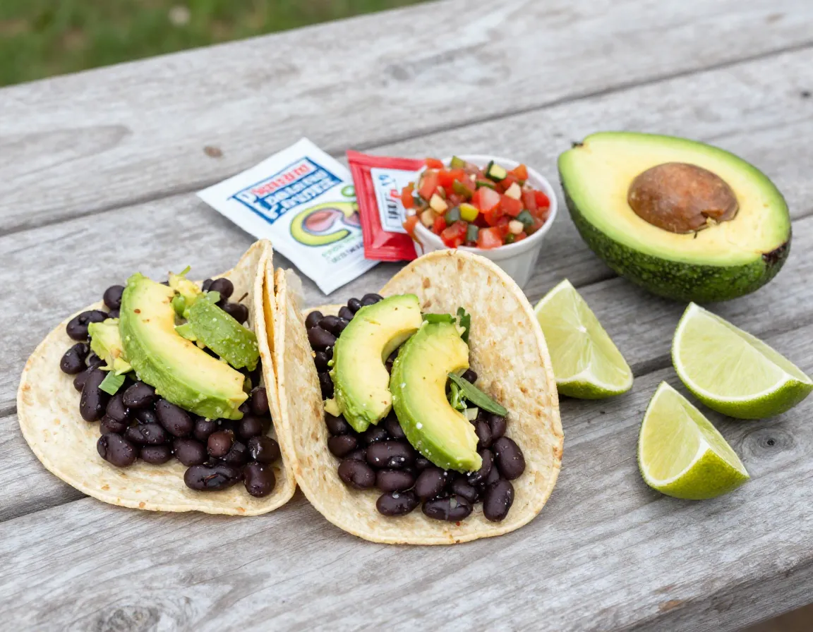 Black bean avocado tacos assembly on picnic table