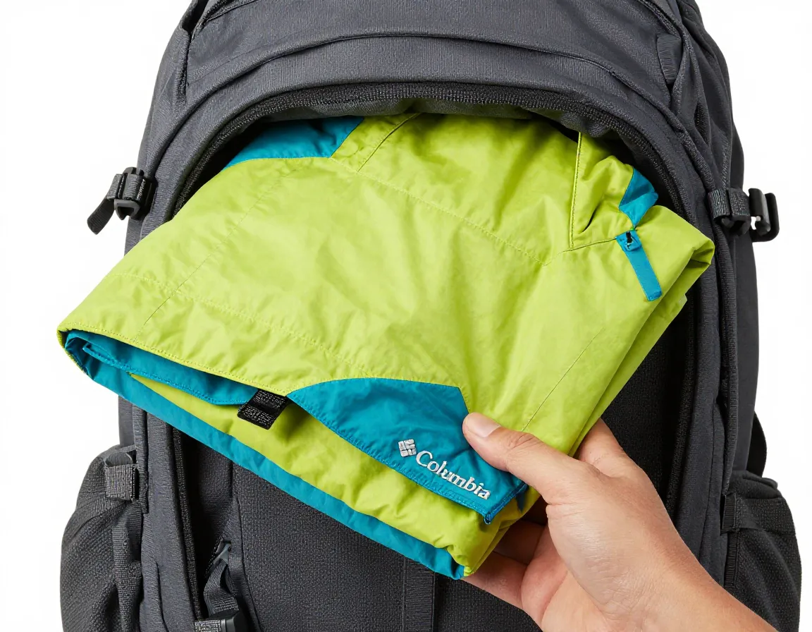 Columbia omni tech rain jacket folded in a backpack hand