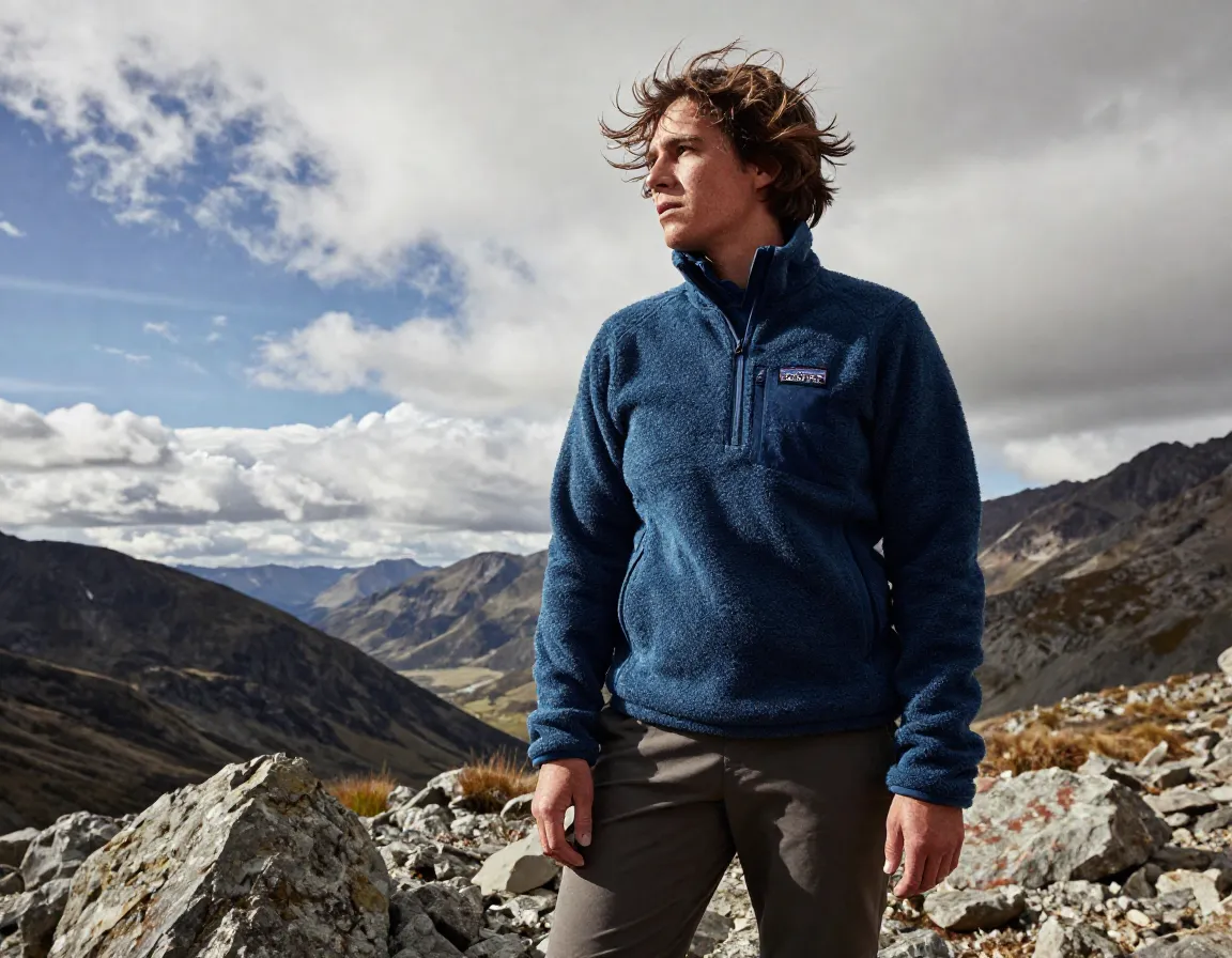 Hiker wearing patagonia better sweater fleece windy mountain pass