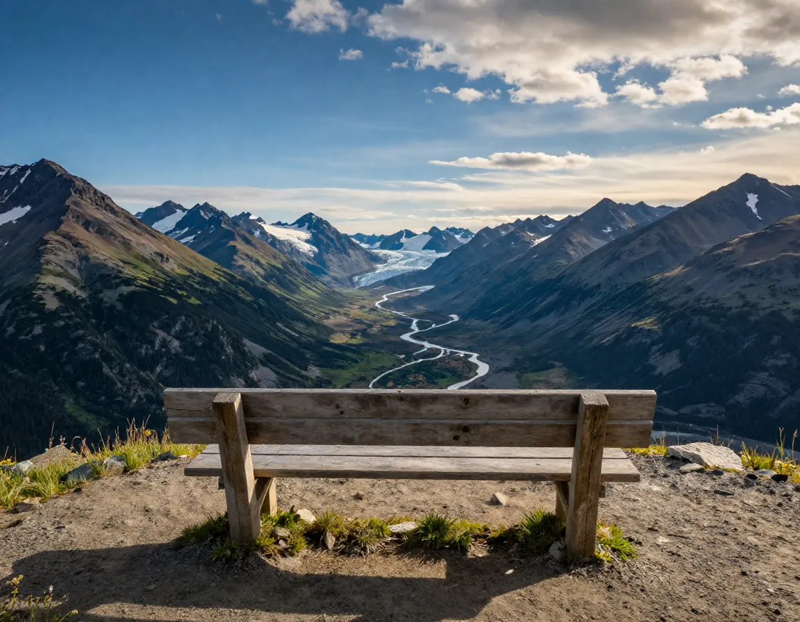 Overlook bench on iditarod trail with panoramic mountain valley view