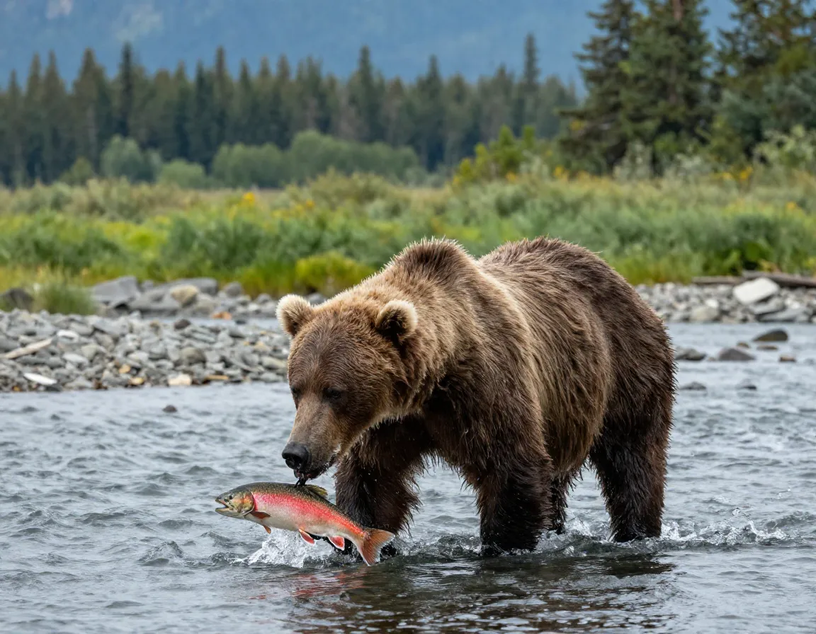 Brown bear fishing for salmon in the eagle river during late summer