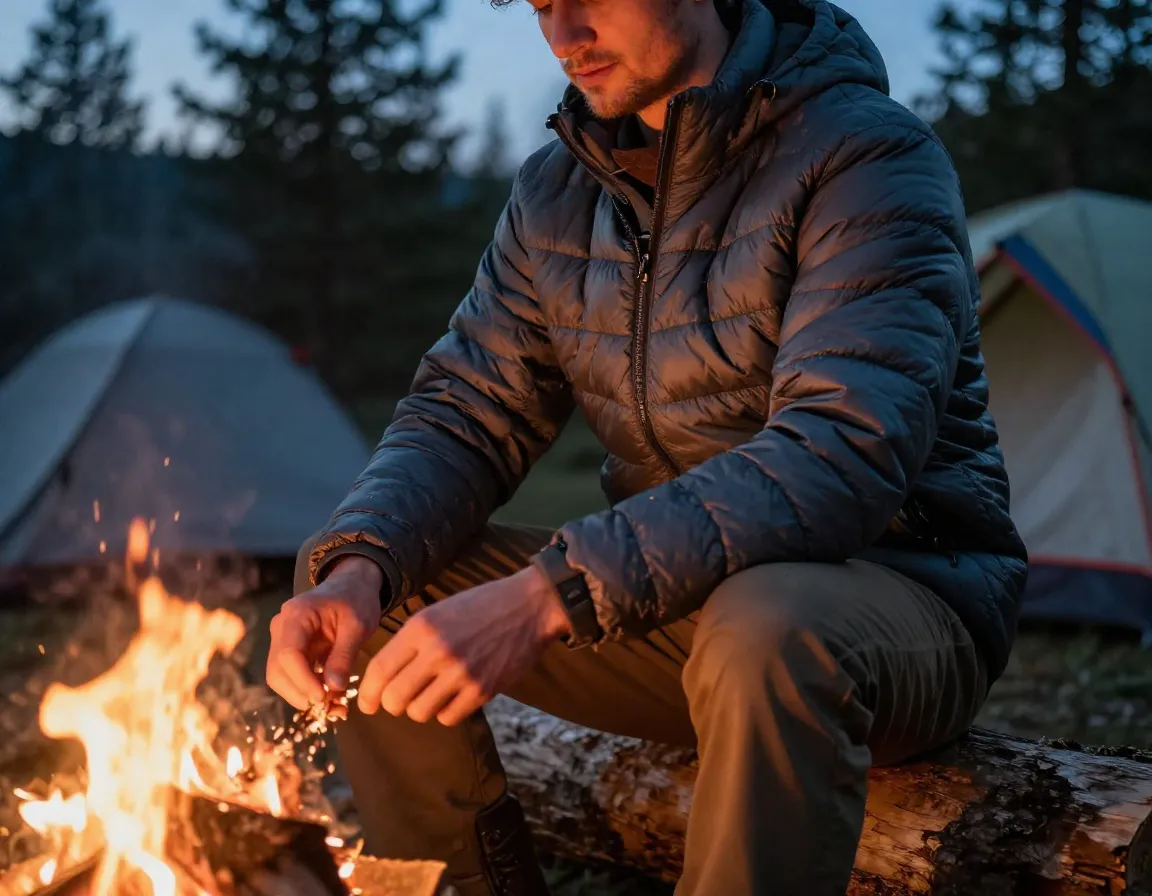 Camper in synthetic insulated jacket at evening fire