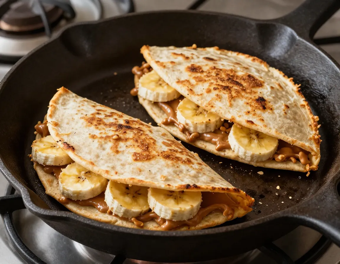 Peanut butter banana quesadilla on camp skillet