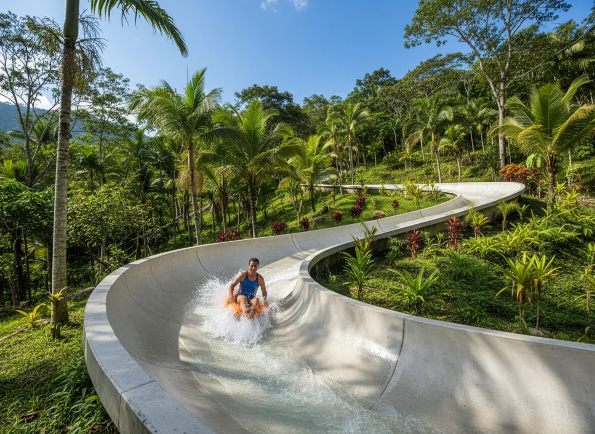 Person riding a long concrete water slide through a tropical hillside