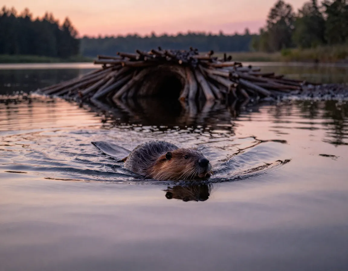 Active beaver swimming near its lodge and dam at dusk