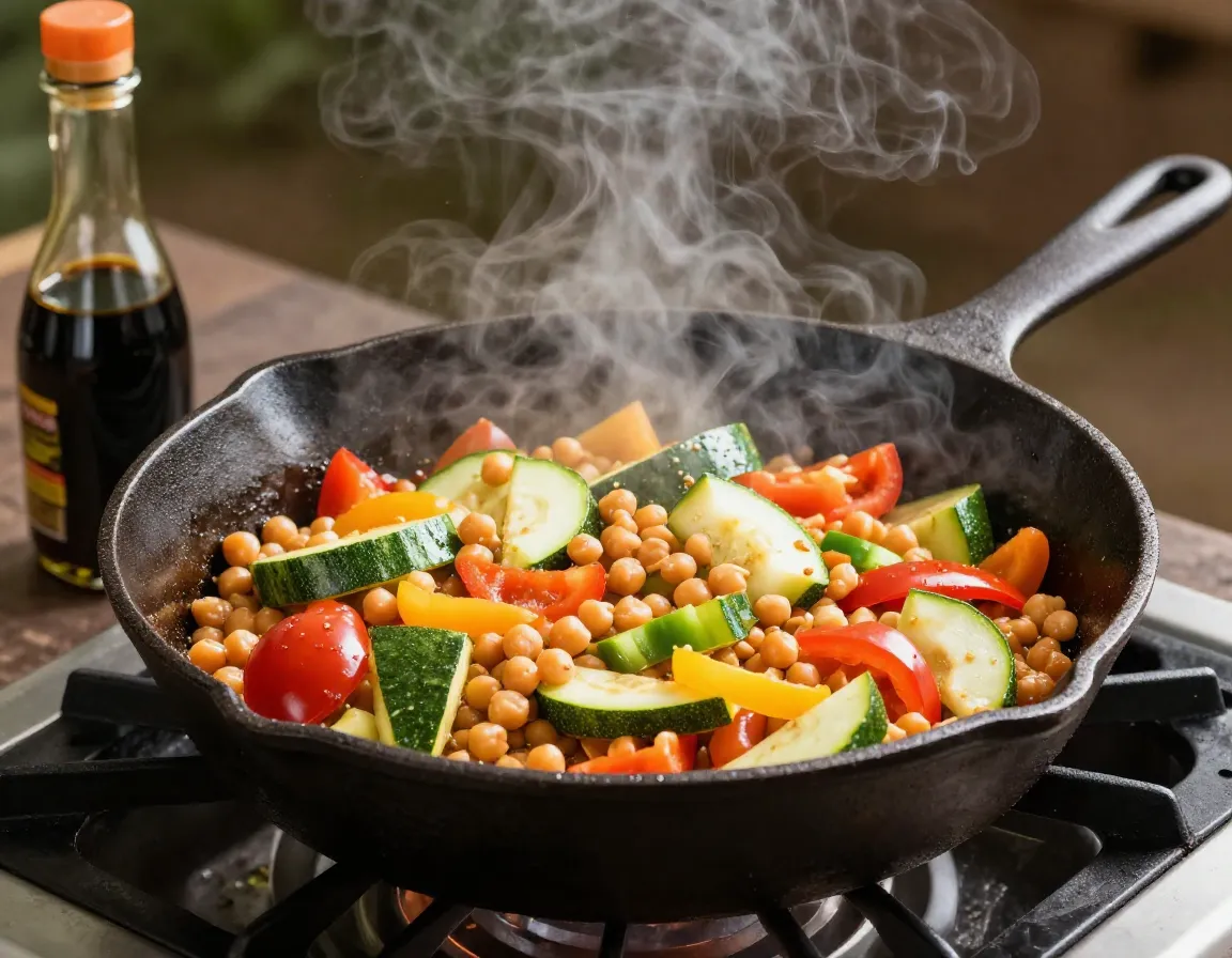Chickpea vegetable stir fry in cast iron skillet