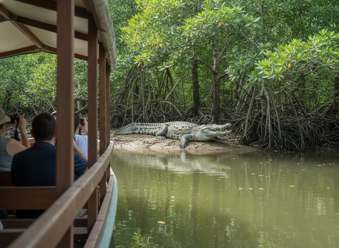 Guided boat tour spotting crocodiles in palo verde national park mangroves