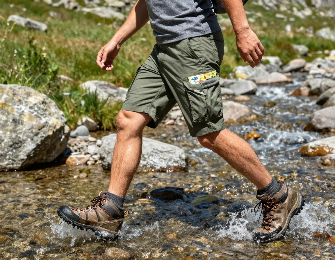 Hiker in quick drying cargo shorts crossing a shallow stream