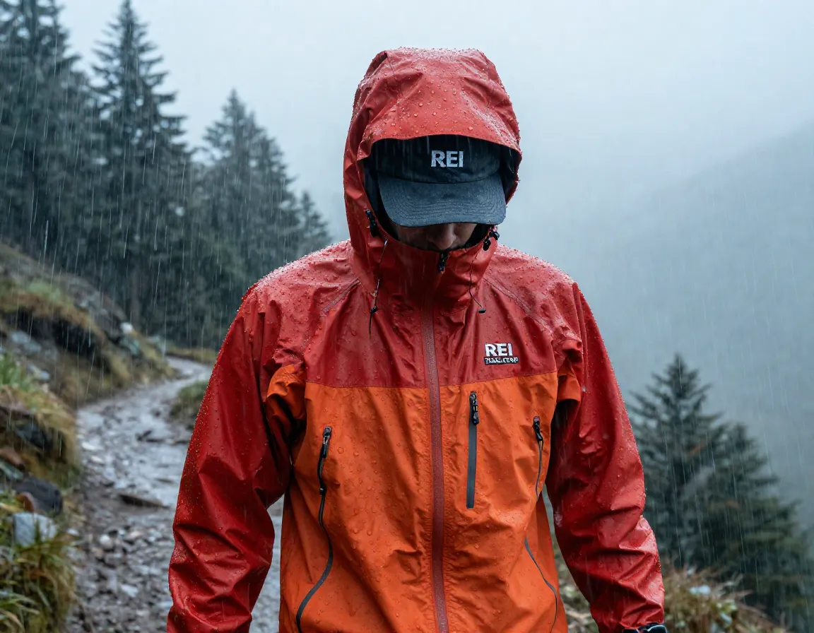 Hiker in rei trailmade rain jacket heavy mountain downpour