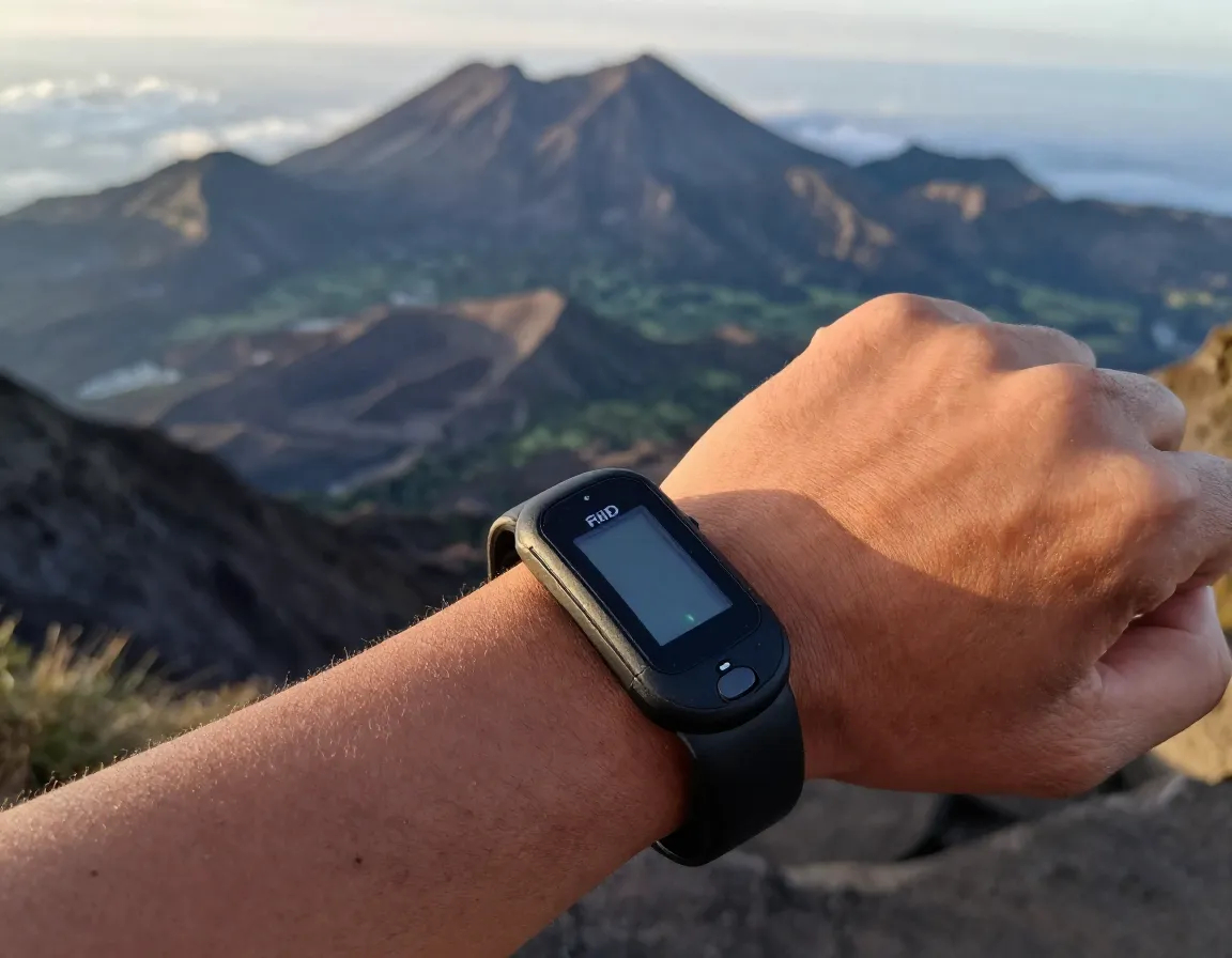 Rfid safety bracelet on a trekkers wrist with mountain background