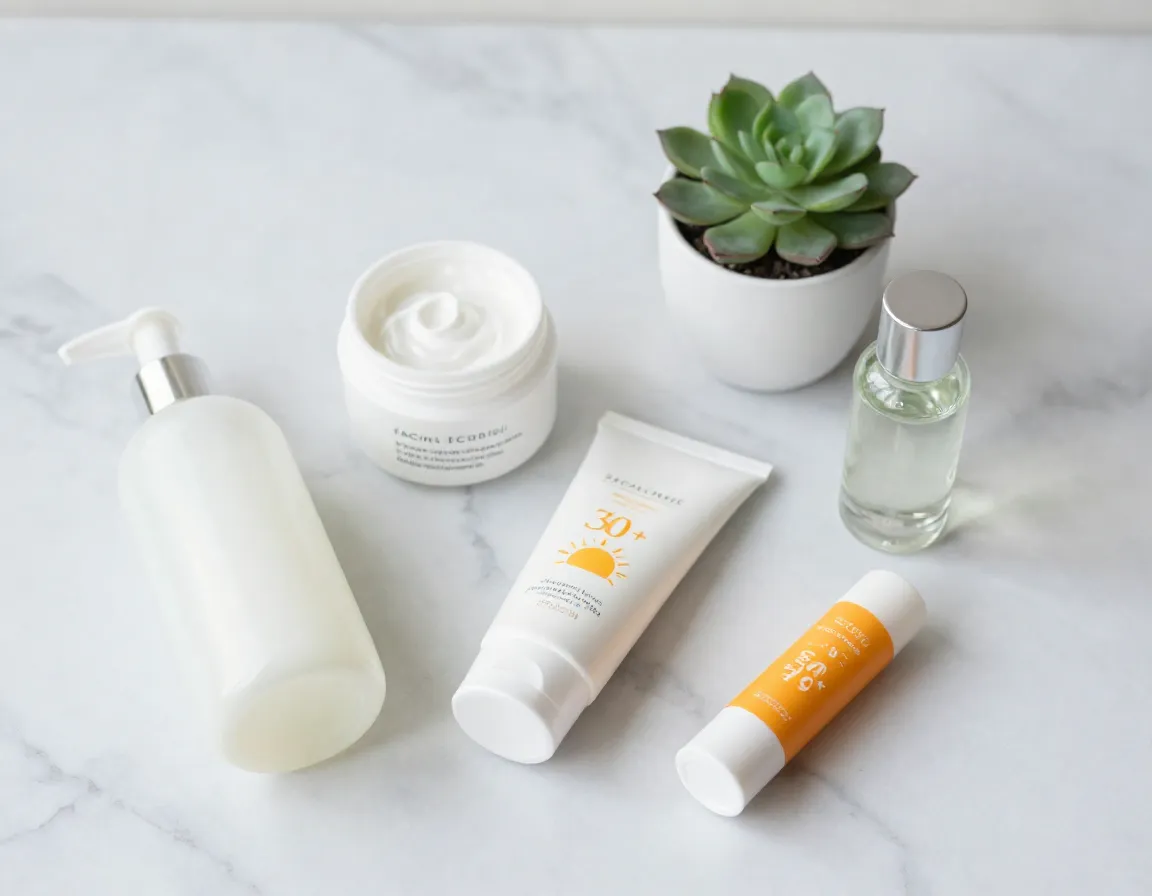 Skincare category facial cleanser moisturizer spf sunscreen lip balm routine