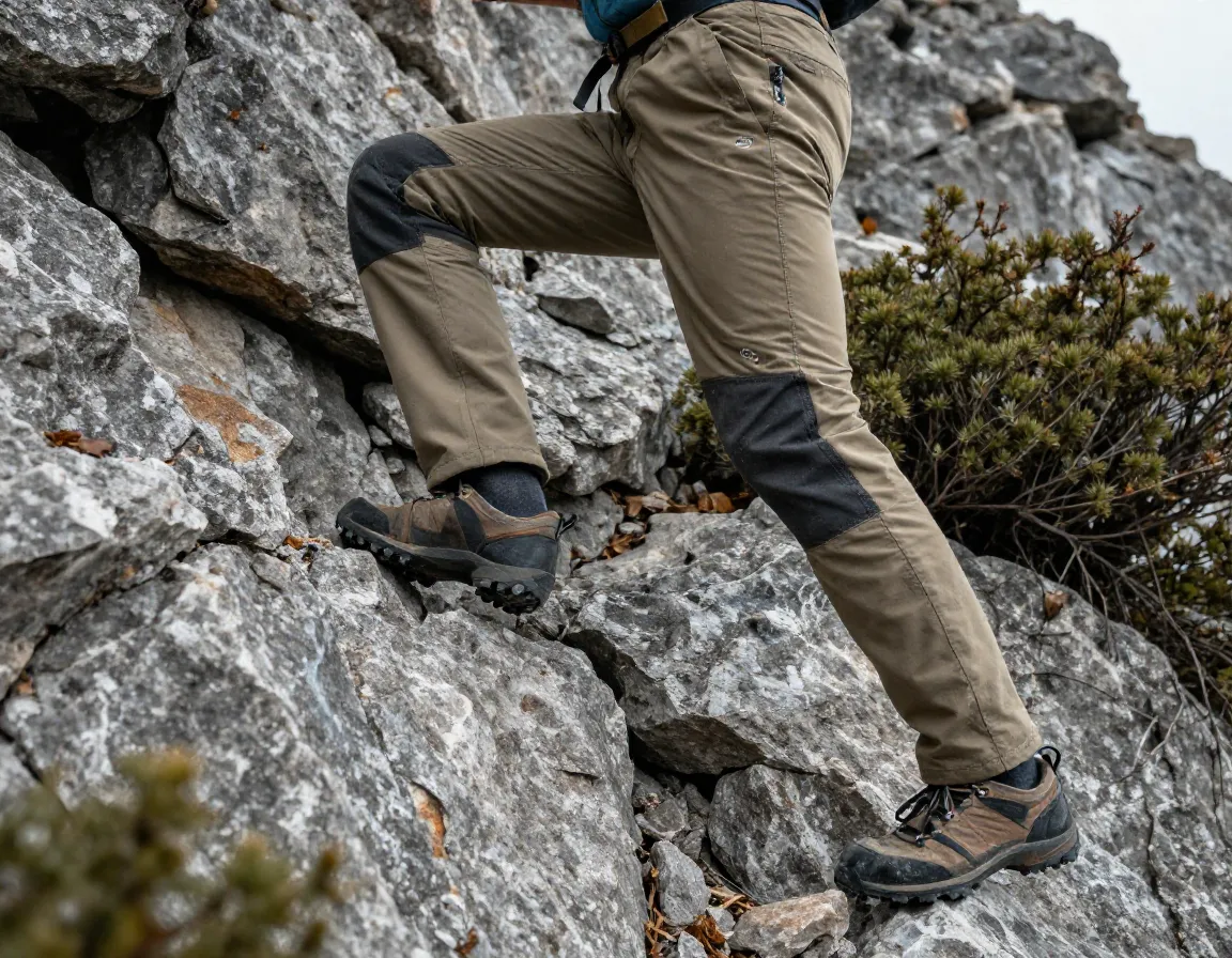 Climber in articulated hiking pants on a rocky scramble