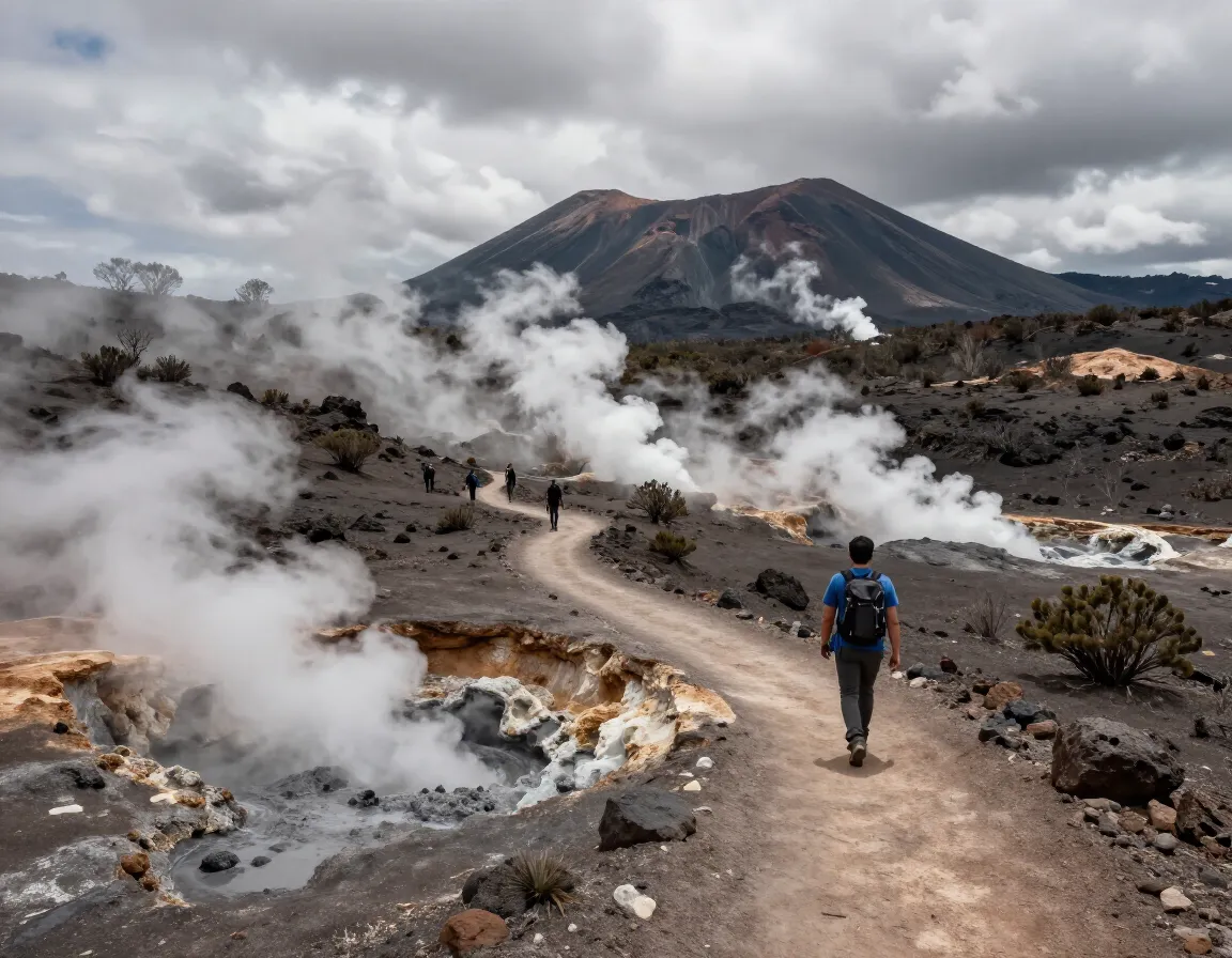 Hiker on a volcanic trail with steaming fumaroles at rincon de la vieja