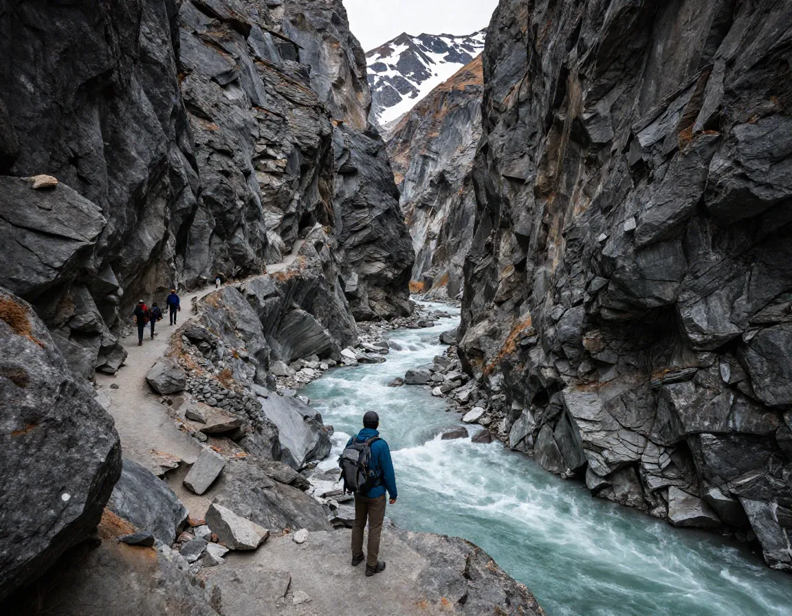Hiker viewing the dramatic rock walls of raven gorge on crow pass trail